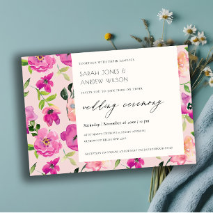 Retro Bright Pink Fun Watercolor Floral Wedding Invitation