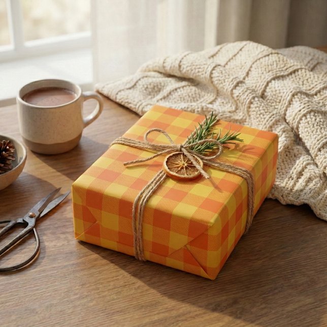 Retro Bright Summer Yellow Orange Preppy Plaid Wrapping Paper (Creator Uploaded)