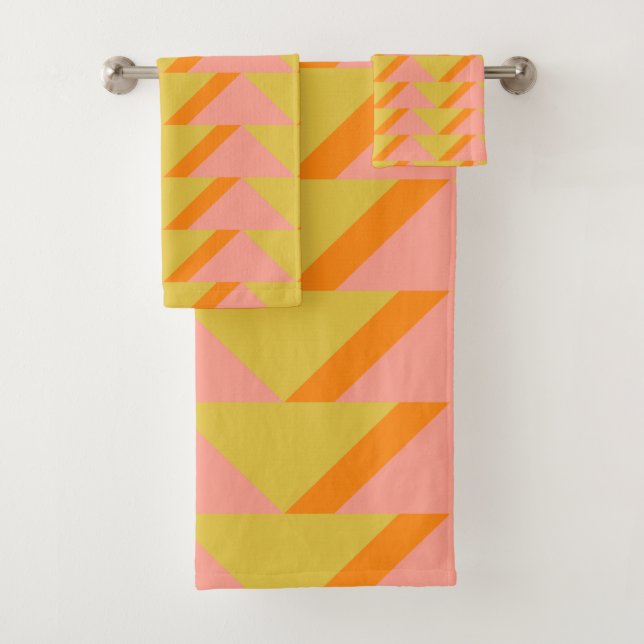 Retro Bright Yellow Orange Geometric Pattern Bath Towel Set (Insitu)