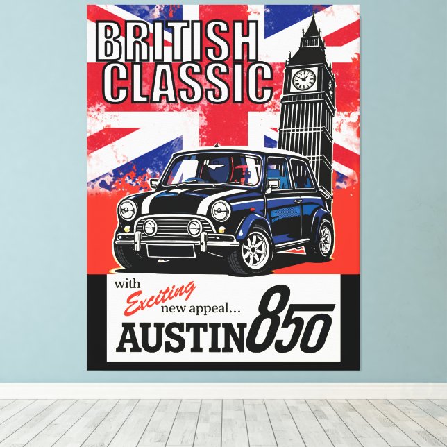 Retro British Classic Car Front Pop Art Canvas Print (Insitu(Wood Floor))