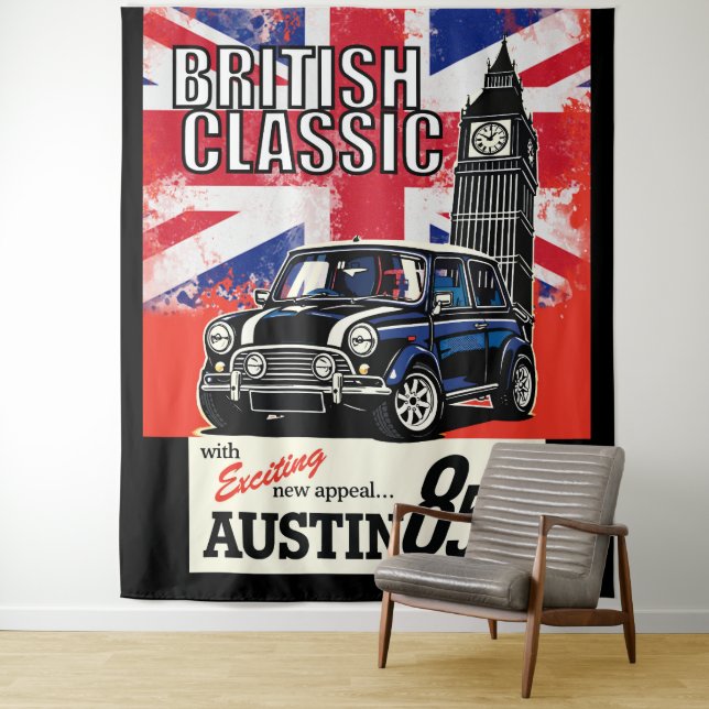 Retro British Classic Car Front Pop Art Tapestry (In Situ)