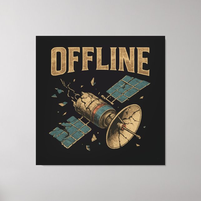Retro Broken Satellite "OFFLINE" Space Art Canvas Print (Front)