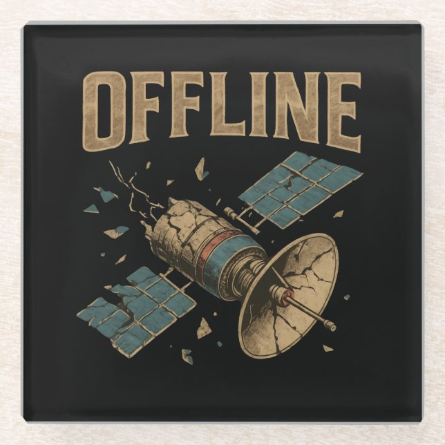 Retro Broken Satellite "OFFLINE" Space Art Glass Coaster (Front)