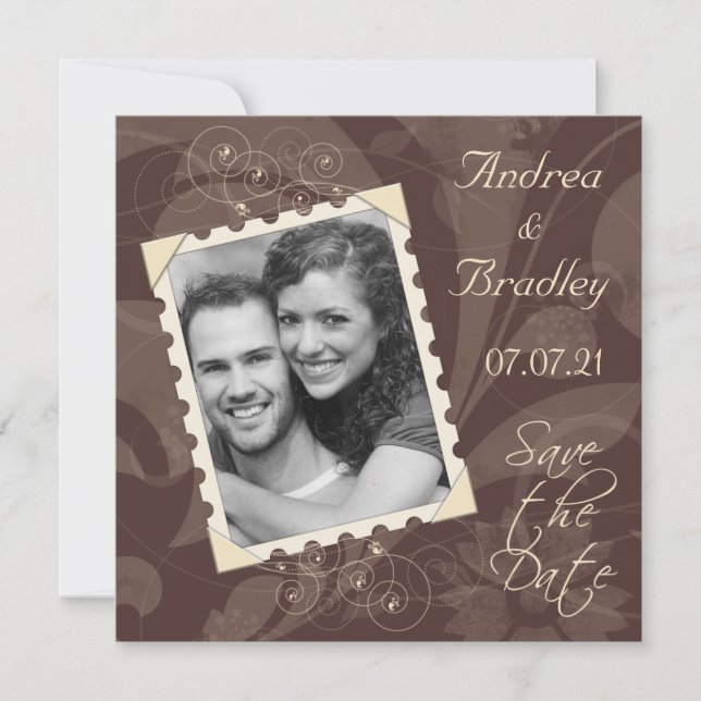 Retro Brown and Ivory Photo Wedding Save the Date (Front)