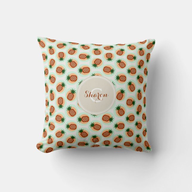 Retro brown and mint pineapple patterns monogram cushion (Front)