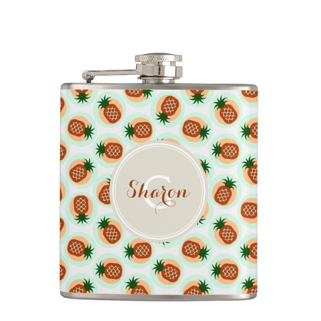 Retro brown and mint pineapple patterns monogram hip flask (Front)