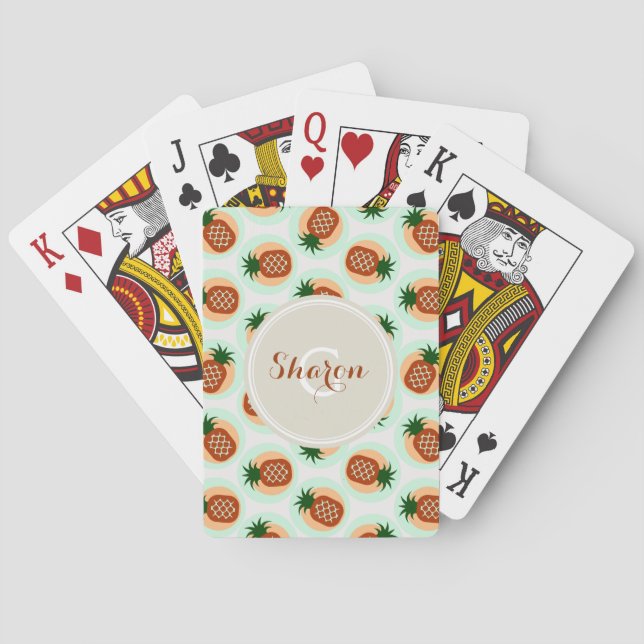 Retro brown and mint pineapple patterns monogram playing cards (Back)