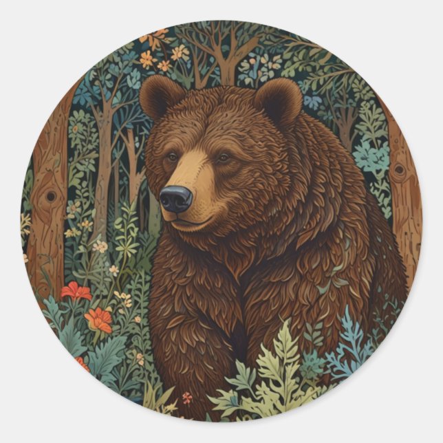 Retro brown bear artwork boho woodland forest classic round sticker (Front)