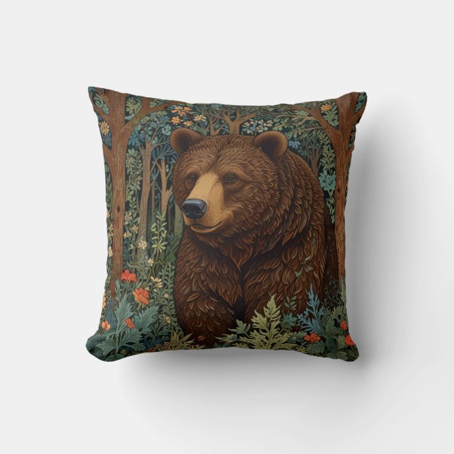 Retro brown bear artwork boho woodland forest cushion (Front)