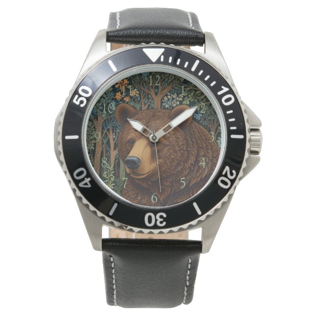 Retro brown bear boho woodland artwork watch (Front)