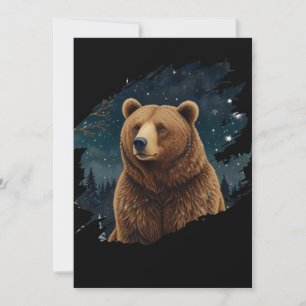Retro brown bear midnight starry landscape invitation
