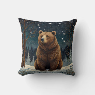 Retro brown bear midnight winter landscape cushion