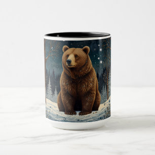 Retro brown bear midnight winter landscape mug