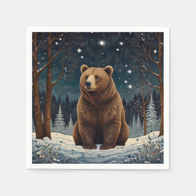Retro brown bear midnight winter landscape napkin (Front)