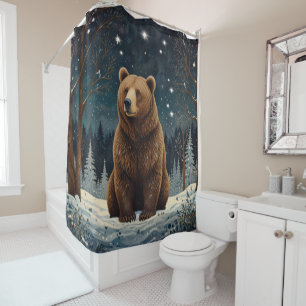 Retro brown bear midnight winter landscape shower curtain