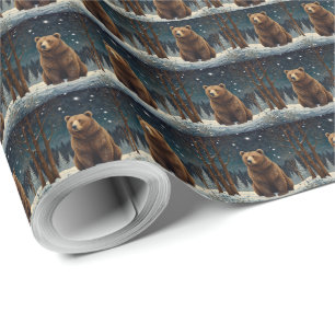 Retro brown bear midnight winter landscape wrapping paper