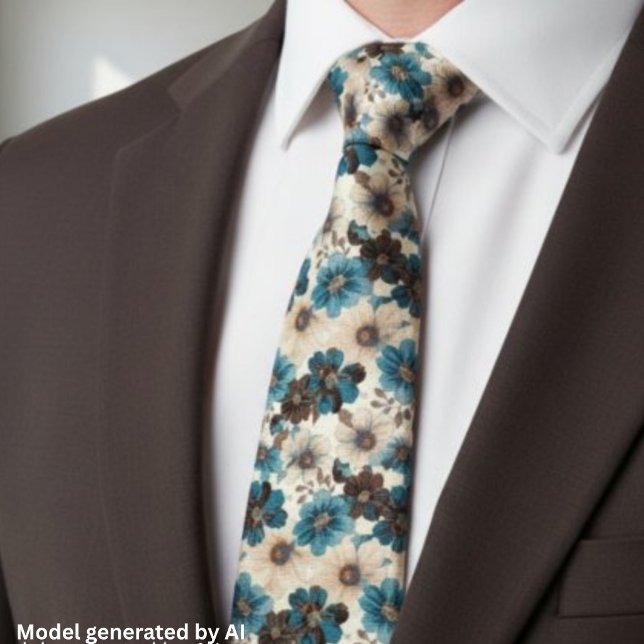 Retro Brown Blue Floral Tie (Creator Uploaded)