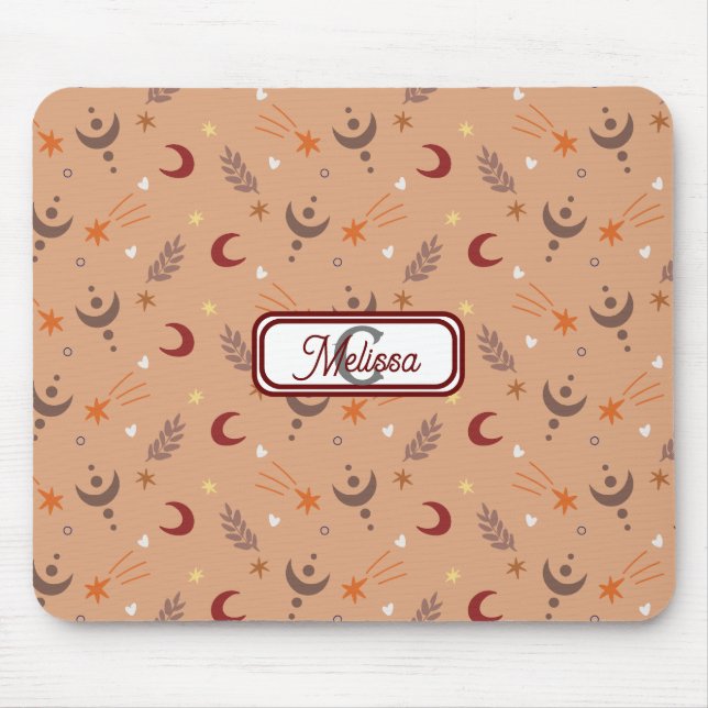 Retro Brown Boho Whimsical Monogram Personalised  Mouse Mat (Front)