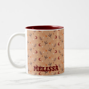Retro Brown Boho Whimsical Pattern Personalized  Two-Tone Coffee Mug
