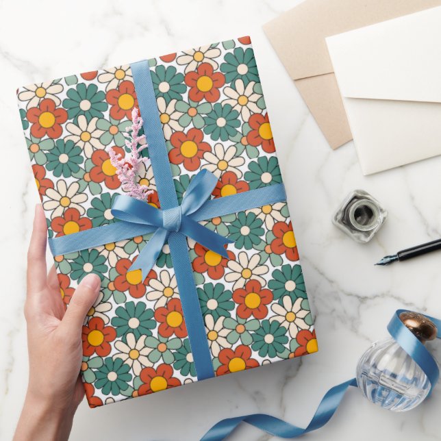 Retro Brown Green Hippie Floral Groovy  Wrapping Paper (Gifting)