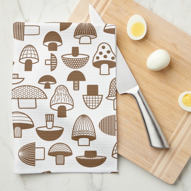 Retro Brown Mushroom Pattern Tea Towel (Quarter Fold)