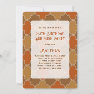 Retro Brown Orange Pattern Surprise Birthday Party Invitation