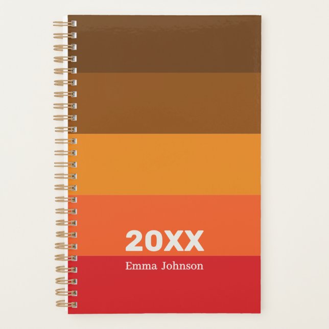 Retro Brown Orange Red Stripes Custom Name Planner (Front)