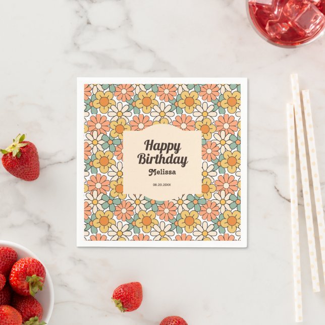 Retro Brown Peach Floral Groovy Birthday Napkin (Insitu)