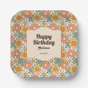 Retro Brown Peach Floral Groovy Birthday Paper Plate