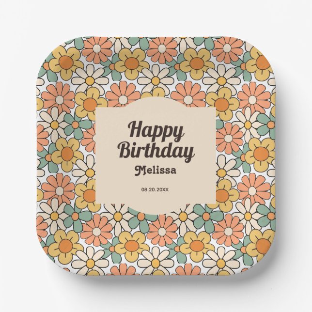 Retro Brown Peach Floral Groovy Birthday Paper Plate (Front)