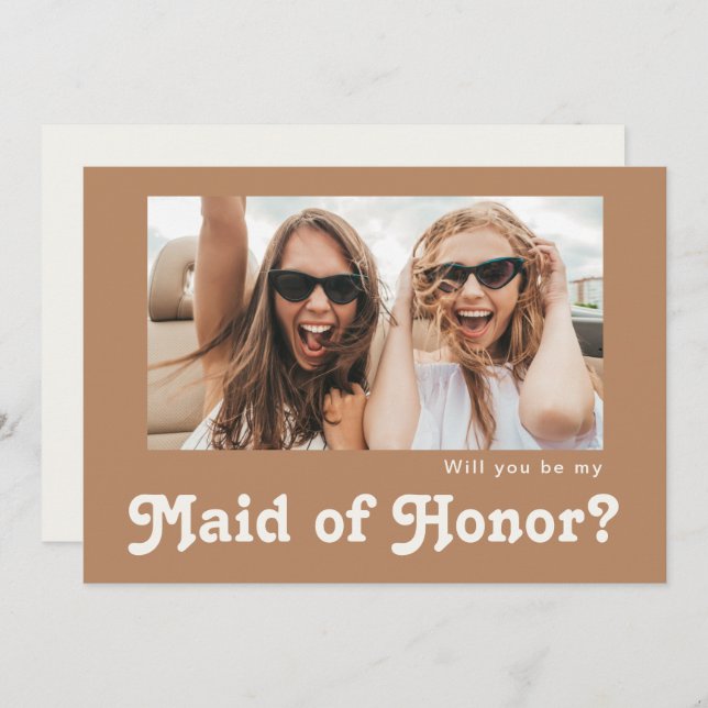 Retro Brown Photo Maid of Honour Proposal Card (Front/Back)
