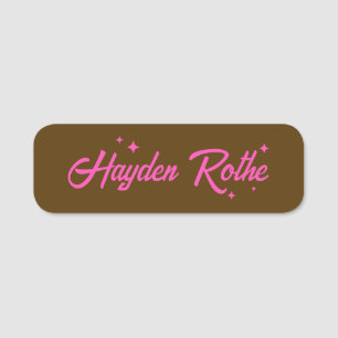 Retro Brown Pink Typography Stars Name Tag