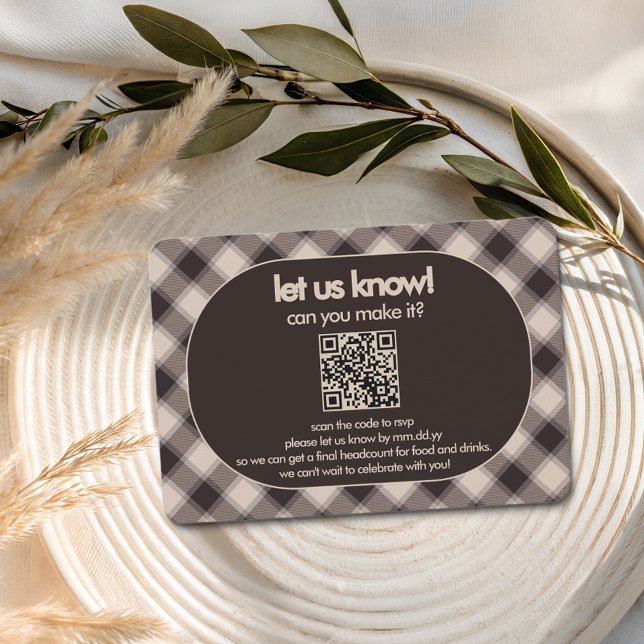 Retro Brown Plaid Casual Wedding QR Code RSVP Card (QR Code RSVP Card from the Casual Brown Plaid wedding collection by Darling & May)