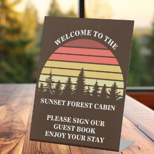 Retro Brown Sunset Forest Customised Log Cabin Pedestal Sign