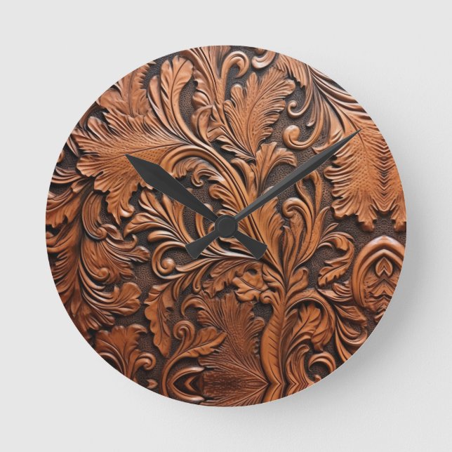 Retro brown tooled leather wall clock. round clock (Front)