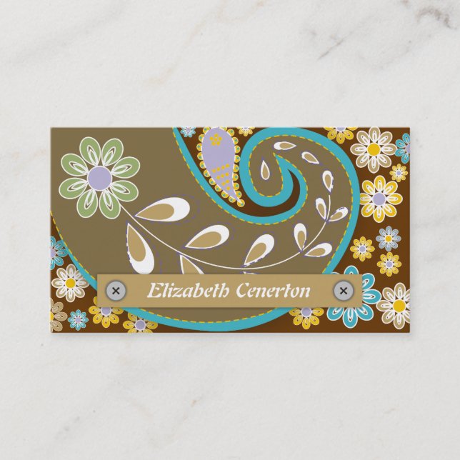 Retro brown, turquoise paisley motif floral business card (Front)