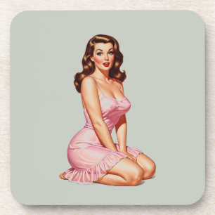 Retro Brunette Pin-up Girl in Pink Coaster