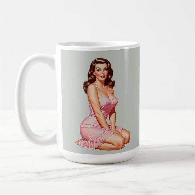 Retro Brunette Pin-up Girl in Pink  Coffee Mug (Left)