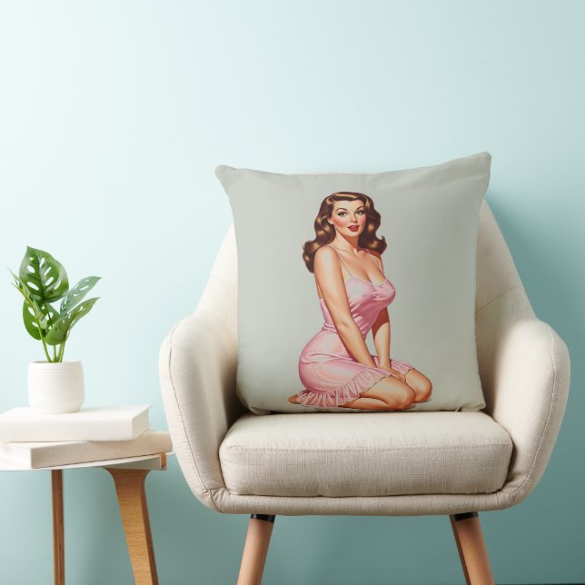 Retro Brunette Pin-up Girl in Pink  Cushion (Chair)