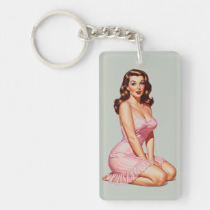 Retro Brunette Pin-up Girl in Pink Key Ring