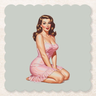 Retro Brunette Pin-up Girl in Pink  Paper Coaster