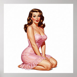 Retro Brunette Pin-up Girl in Pink  Poster