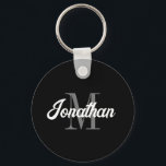 Retro Brush Script Black Grey White Monogram Key Ring<br><div class="desc">This personalised keychain features their name in vintage-inspired white retro brush script over their monogram initial in grey serif font on a black background. A simple yet distinctive design that makes a great gift for a man or woman.</div>
