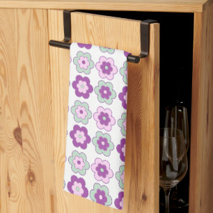 Retro Bubble Flowers (green and purple) Pattern Tea Towel
