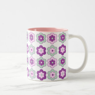 Retro Bubble Flowers (green and purple) Pattern Two-Tone Coffee Mug
