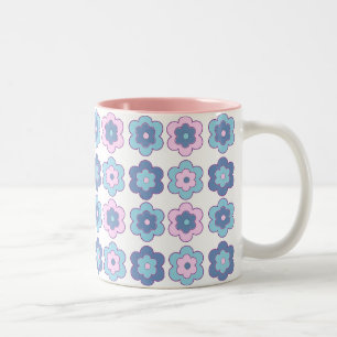 Retro Bubble Flowers (pink and blue) Pattern Two-Tone Coffee Mug