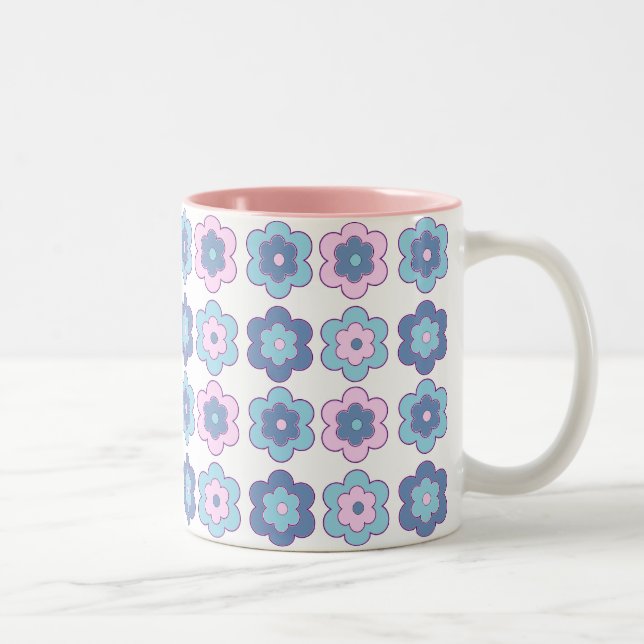 Retro Bubble Flowers (pink and blue)  Pattern Two-Tone Coffee Mug (Right)
