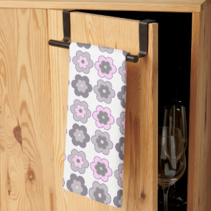 Retro Bubble Flowers (pink and gray) Pattern Tea Towel