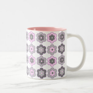 Retro Bubble Flowers (pink and gray) Pattern Two-Tone Coffee Mug