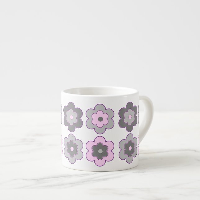 Retro Bubble Flowers (Pink and Grey) Pattern Espresso Cup (Front Right)
